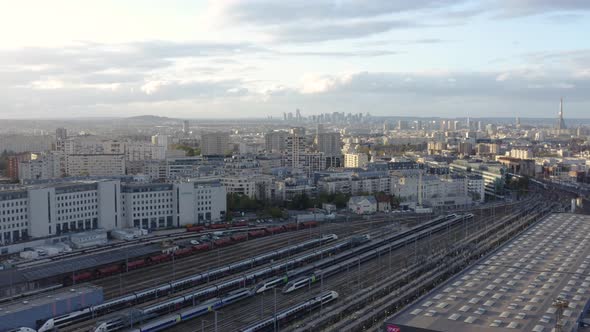 Train Station Aerial Drone. A drone flies over a train station.  alt