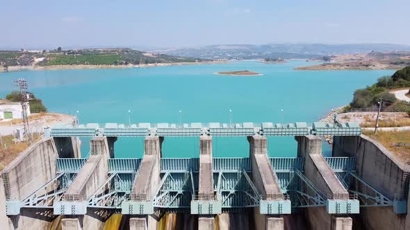Aerial View of Water Reservoir and Closed Reservoir Locks of a Dam alt