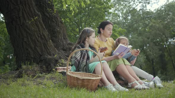 Elegant Senior Woman Sitting on the Blanket Under the Tree in the Park Reading the Book alt