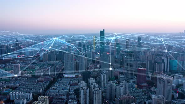 smart Connected city skyline. Futuristic network concept, city Technology. alt