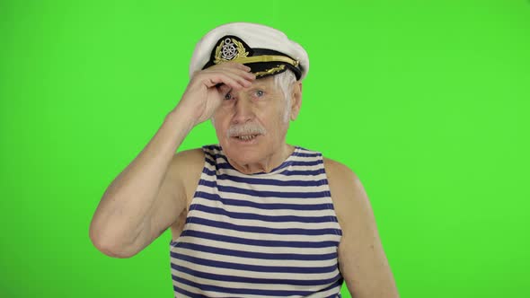 Elderly Sailor Man with Mustache, Old Sailorman on Chroma Key Background alt