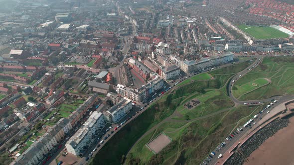Aerial view above Scarborough North bay houses on Yorkshire small town seaside holiday resort alt