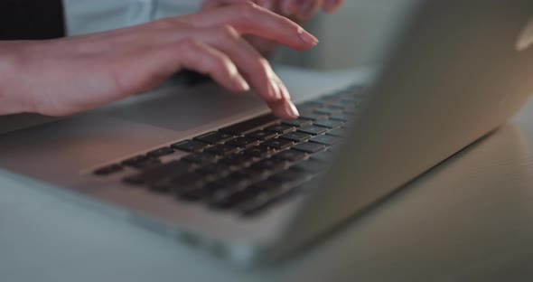 Businesswoman Hands Type on Laptop Keyboard Pointing Cloud Data Social Network Media alt