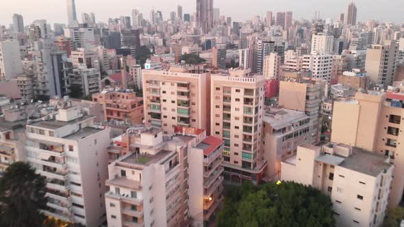 A drone shot of Beirut during sunset time