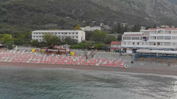 Aerial Drone Cinematic Footage of Sutomore Montenegro beach in the morning. alt
