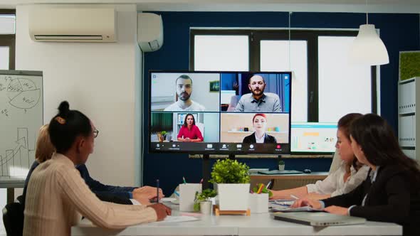 Team Working By Group Video Call Share Ideas Brainstorming Negotiating Use Video Conference alt