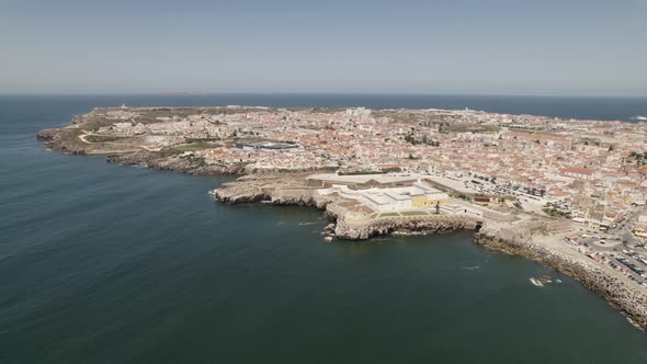 Aerial High Panorama view Peniche peninsula cityscape, Portuguese Coastal Destination