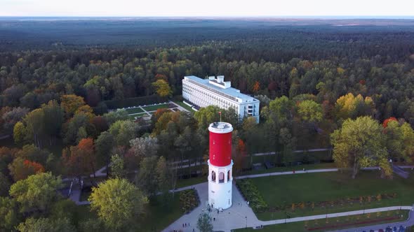 Kemeri Water Tower With Latvian Flag in the Kemeri Resort Park in Jurmala, Latvia. Beautiful White N alt
