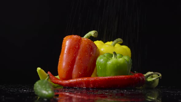 Red Green and Yellow Hot Chili Jalapeno and Bell Peppers are Spinning Under Shower alt