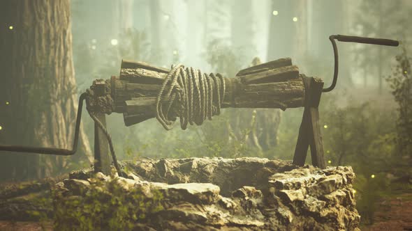Old Stone Draw Well in the Forest with Fog alt