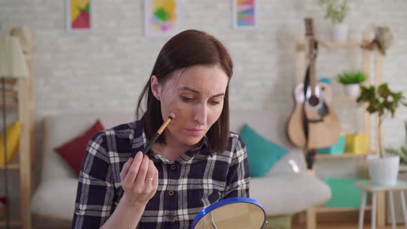 Portrait Young Woman Can Not Hide the Scar on Her Face with the Help of Cosmetics alt