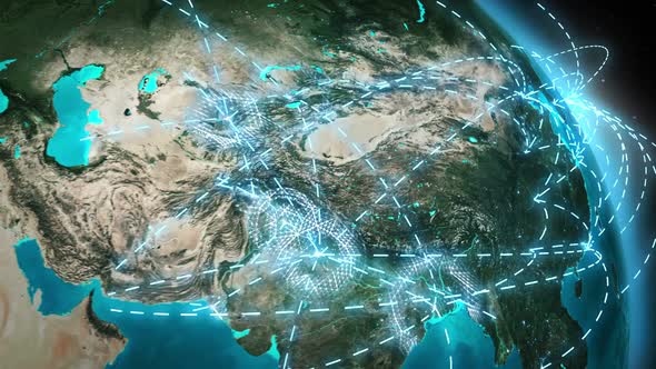 World connections with city lights. Cyan and green. Spinning Earth with light lines growing. alt