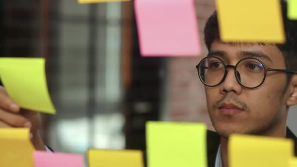 Group of Asian creative men workshop and brainstorm in front of mirror board. alt