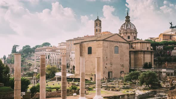 Rome, Italy. Temple Of Peace And Basilica Aemilia In The Roman Forum. Santi Luca E Martina Church alt