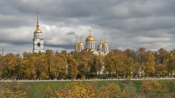 Golden autumn and Dormition Cathedral in Vladimir. Golden Ring Of Russia.