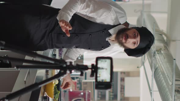Vertical Video Male Cook Explaining Cuisine on Video for Cooking Show Class alt