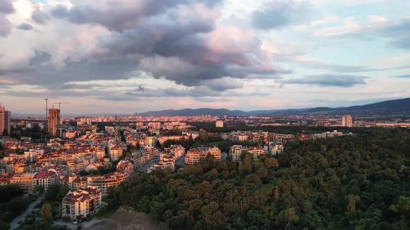 Aerial View of the City Center in Sunset Sofia Bulgaria