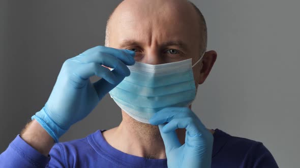 Confident Young Surgeon Doctor in Latex Protective Gloves Wearing Medical Mask on Face alt