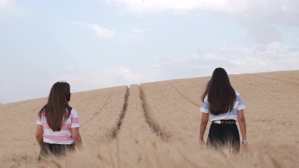 Two young female friends enjoying the nature together while walking in a wheat field. alt