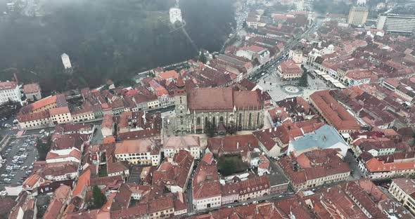 Aerial Drone View of the Black Church in Old Brasov Central Council Square