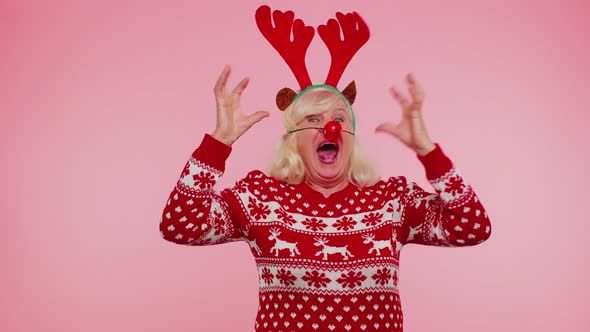 Senior Christmas Grandmother Woman with Deer Antlers Listening Music Dancing Disco Fooling Around alt