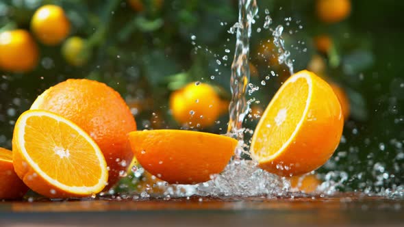 Super Slow Motion Shot of Falling Orange with Water Splash at 1000 Fps. alt