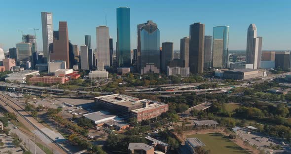 Drone view of skyscrapers in the Downtown Houston area. This video was filmed in 4k for best image q alt