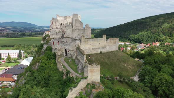 Aerial view of Beckov Castle in the village of Beckov in Slovakia alt