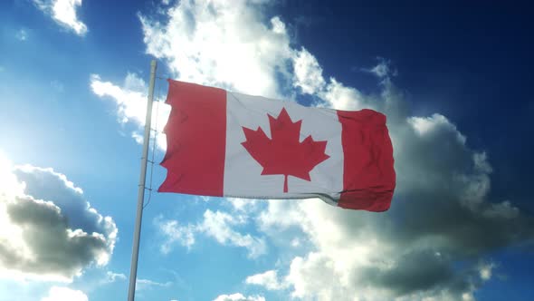 Flag of Canada Waving at Wind Against Beautiful Blue Sky alt