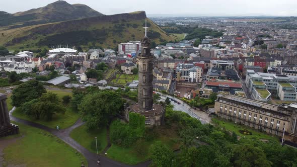 Drone View of Nelson Monument Near the National Monument of Scotland