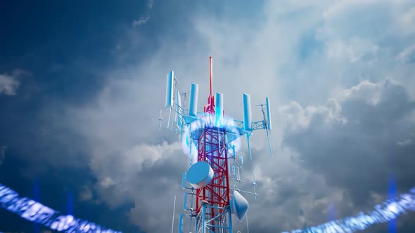 Cell phone tower emits 5G signals. The antenna transmits electromagnetic waves. alt