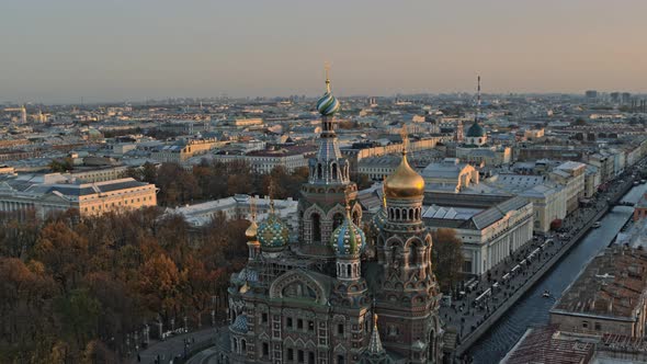 City center of Saint Petersburg. Drone footage of Church of the Savior on Spilled Blood
