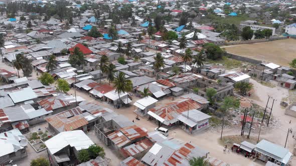 Aerial View African Slums Dirty House Roofs of Local Village Zanzibar Nungwi alt
