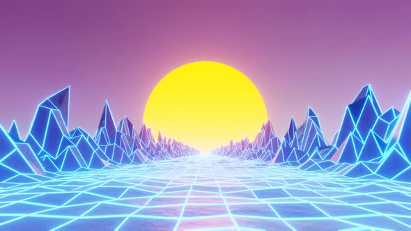 80s retro futuristic sci-fi seamless loop. Retrowave VJ video game landscape, neon lights.