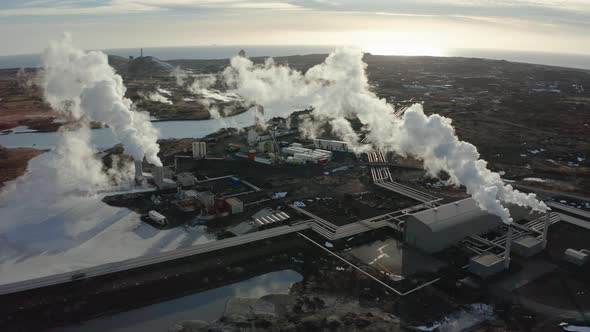 A Bird's-eye View of a Plant Producing Clean Energy Using Geothermal Sources. Iceland. Winter 2019