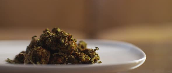 Plate with cannabis buds being moved on a table,close up,shallow depth of field alt