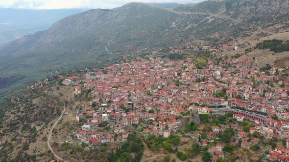 Aerial view of the beautiful greek village Arachova in the mountains of Greece