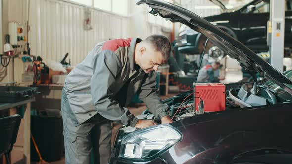 Mechanic Man Examining and Maintenance to Customer the Engine a Vehicle Car Hood alt