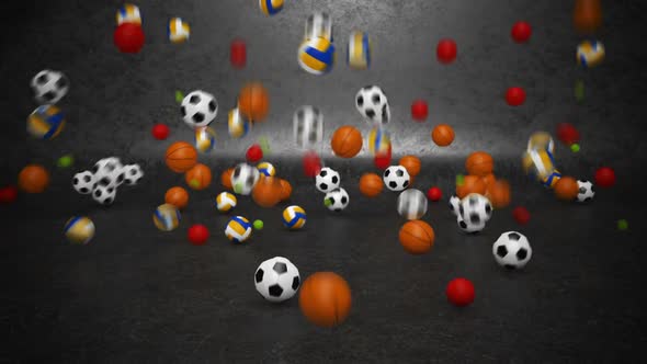 Mini different kind of balls bouncing invasion in dark gray environment. HD alt