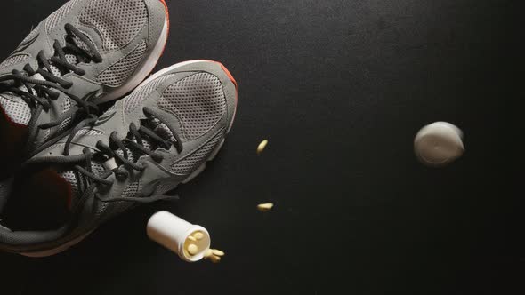 DOPING: Container with pills falls near a sneakers