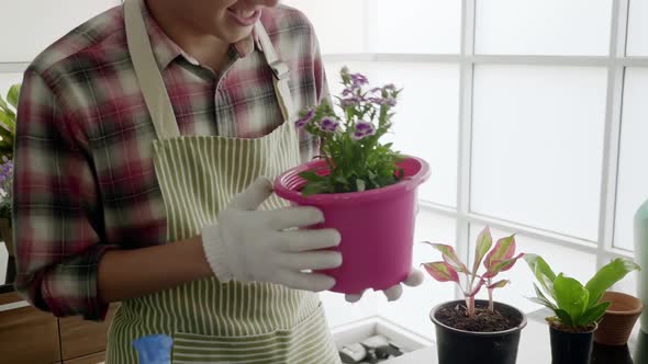 Asian man enjoys planting trees while relaxing at home. alt