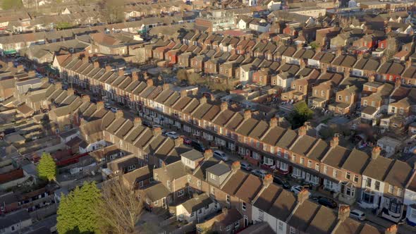 Terraced Working Class Housing in Luton Aerial View at Sunset alt