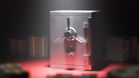 Steel mechanical safe in a spotlight revealing gold bars stacked inside.