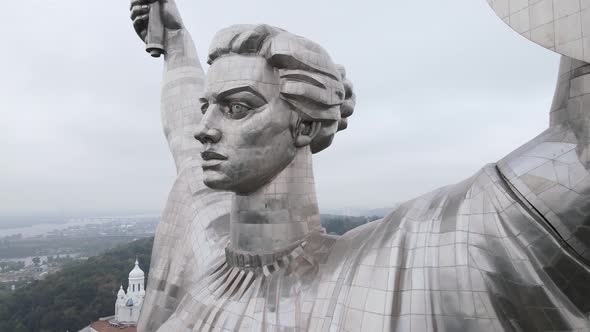 Symbol of Kyiv, Ukraine: Motherland Monument. Aerial View, Slow Motion. Kiev alt