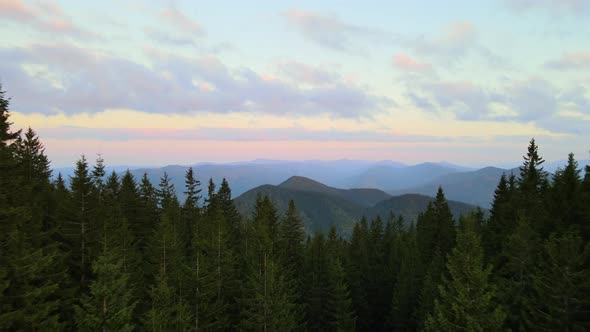 Aerial View of Bright Foggy Morning Over Dark Peak with Mountain Forest Trees at Autumn Sunrise alt