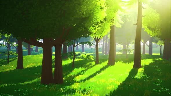 Cartoon Green Forest Landscape with Trees and Flowers alt