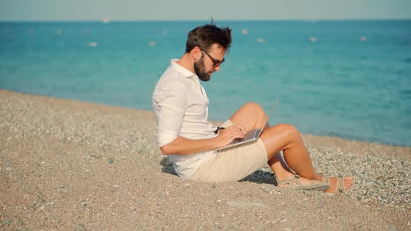 Freelancer Chatting On Laptop. Businessman Internet Online Meeting Webinar. Internet On Vacation. alt