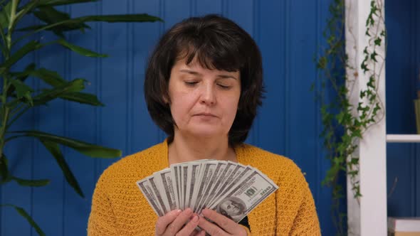 Middle Aged Woman Holding in Hands Money Cash Dollars Dollar Banknotes