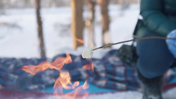 Fried Marshmallows on a Bonfire in Winter Hiking Trekking alt