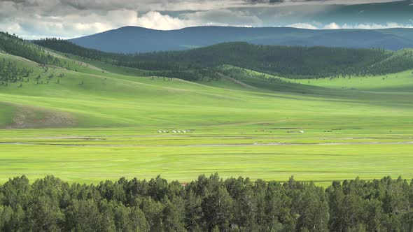 Mongolian Ger Tents in Large Valley of Mongolia Geography alt